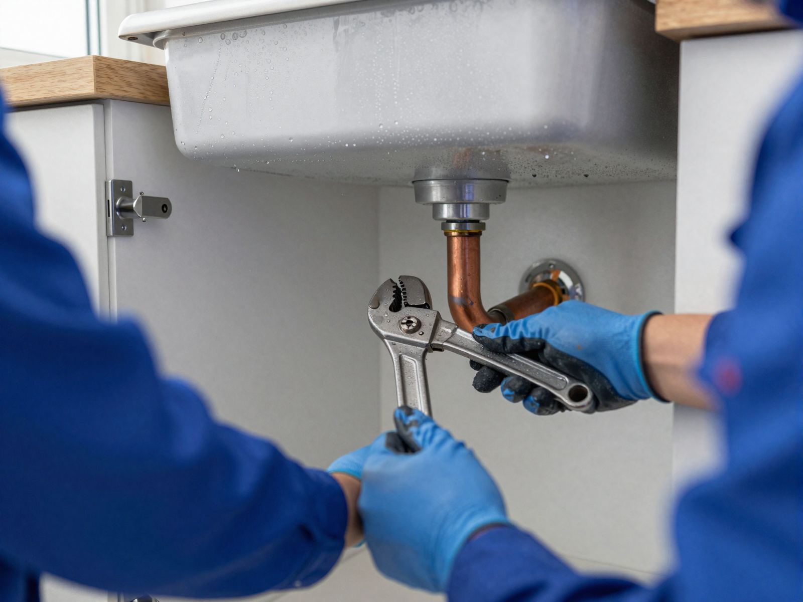 Professional plumber working with tools