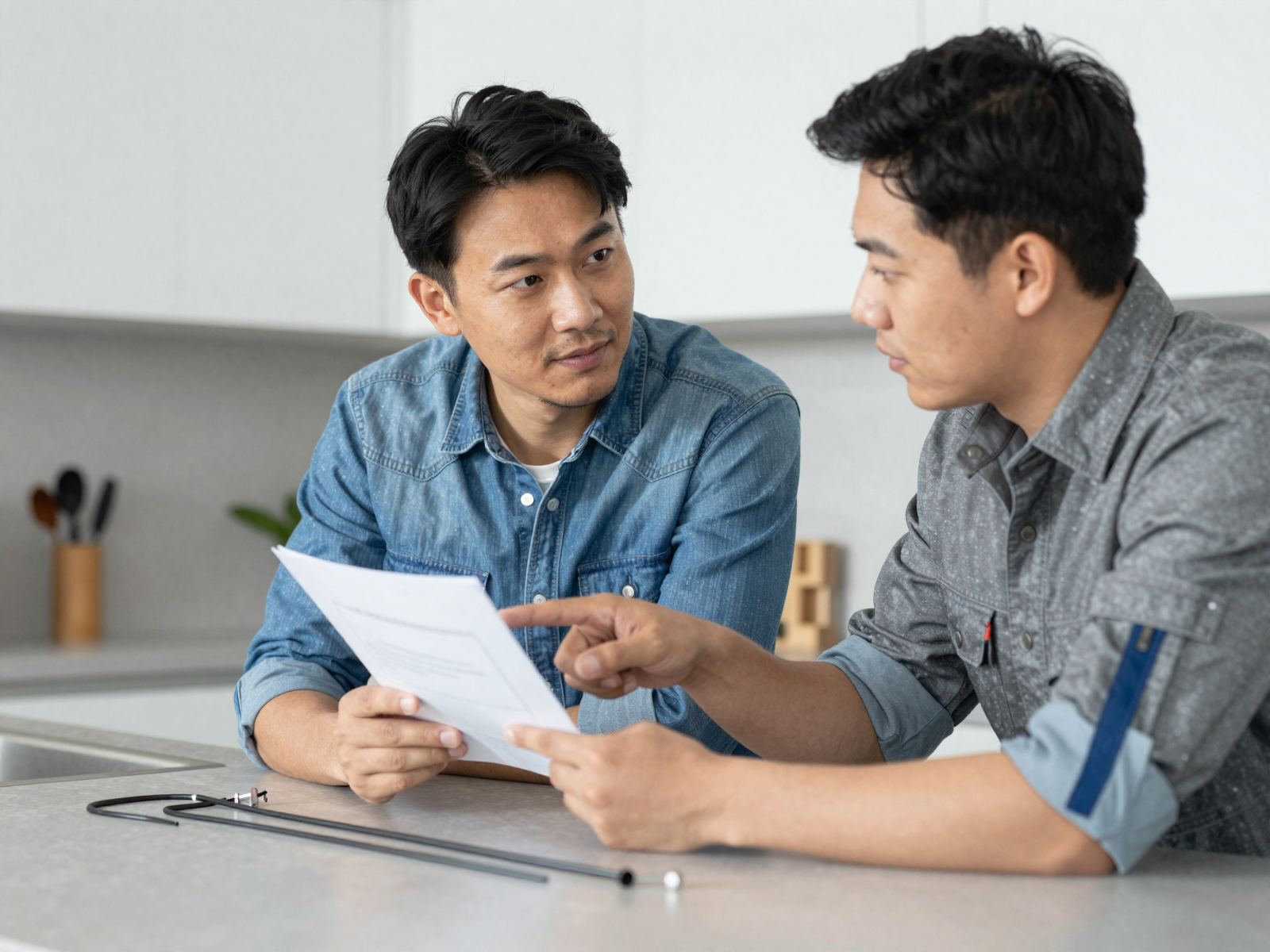 Plumber consulting with homeowner